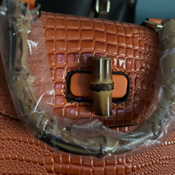 Neiman Marcus Bamboo Handle Crocodile Print Top Handle Bag - Picture 3 of 8
